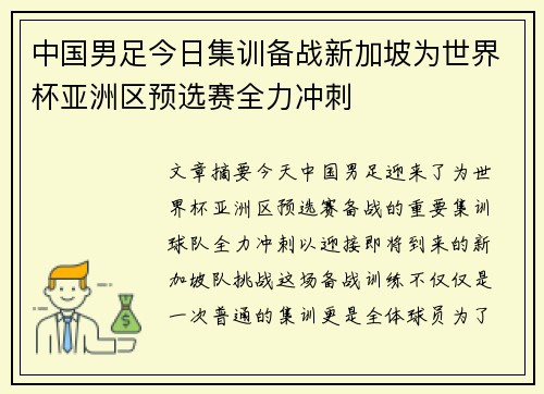 中国男足今日集训备战新加坡为世界杯亚洲区预选赛全力冲刺